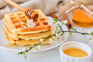 Honey pouring on a fresh Belgian waffles. Organic healthy Spring breakfast rich in minerals and vitamins. Eco food for breakfast. Trendy sweet confections with cherry blossoms