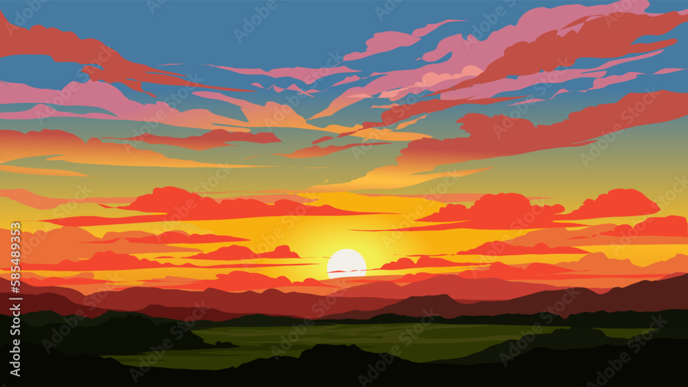 Wall mural Vector illustration of colorful sunset with mountains and meadow