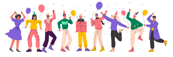 Birthday party people. Friends congratulate guy. Gift presentation. Wonderful anniversary celebration. Confetti and balloons. Joyful men and women. Present box. Vector cheerful persons set
