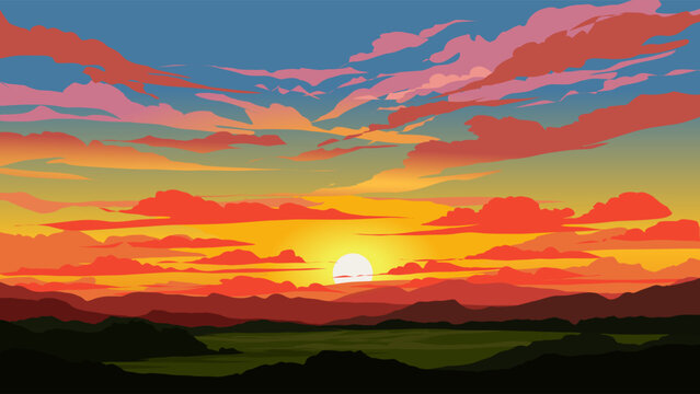 Vector illustration of colorful sunset with mountains and meadow
