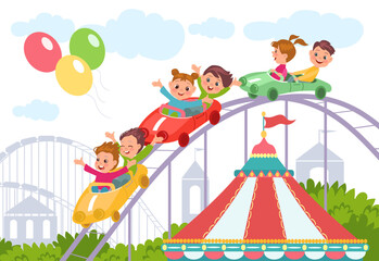 Cute children on Russian roller coaster. Smiling boys and boys ride in amusement park. Attraction cars. Fun entertainment. Funpark carousel. Summer outdoor leisure. Splendid vector concept