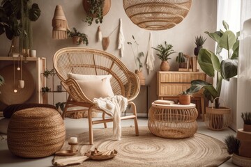 Contemporary boho living room with wooden chair, clay pot with plants, woven basket, bamboo lamp, and straw mirror. Concentration. Background blurriness. Generative AI