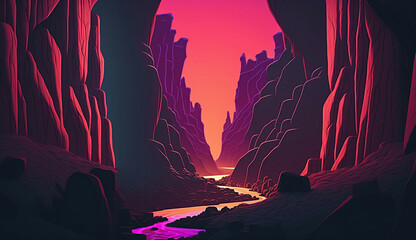 Fototapeta premium beautiful retro neon landscape view mountains night new quality stock image nature illustration desktop wallpaper design, Generative AI