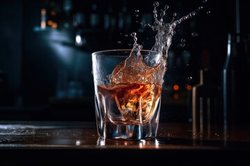  beautifulice cube falling into splashing cocktail on smoky background bright on the bar generative ai