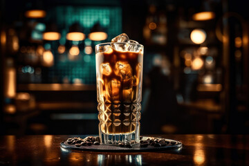  Ice coffee in a tall glass with cream poured over and coffee beans on the bar generative ai