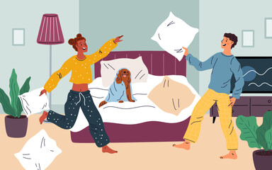 Funny friends at pajama party. Romantic pillow fight. Couple in love. People having fun in bedroom. Young man and woman in sleepwear relax together. Bedtime leisure. Garish vector concept