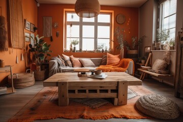 Fototapeta na wymiar Orange accented natural living room with raw wood furnishings. Generative AI