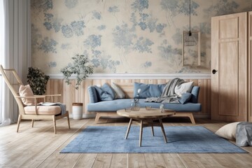 Blue and beige farmhouse living room mockup. Parquet, rattan, couch, wallpaper. Vintage decor,. Generative AI