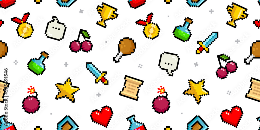 Poster geek retro game vector seamless pattern. pixel icons in vintage 8 bit video game style. 80s -90s. pi