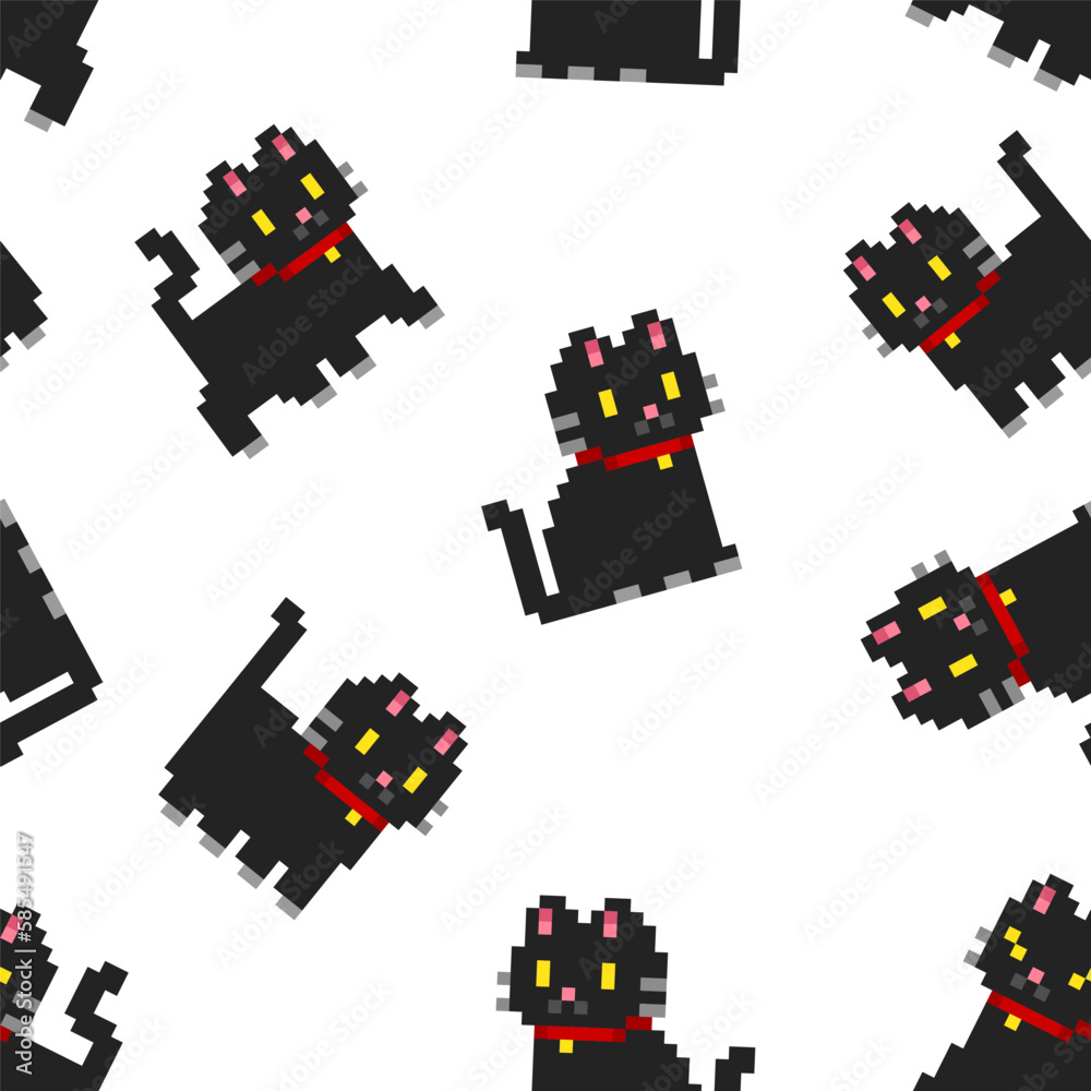 Poster geek style pixel cats or kittens retro seamless pattern for print design