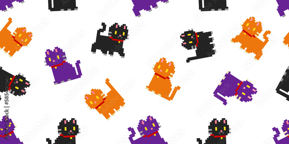 Poster pixel cats or kittens in geek style retro seamless pattern for fashion print design. editable vector