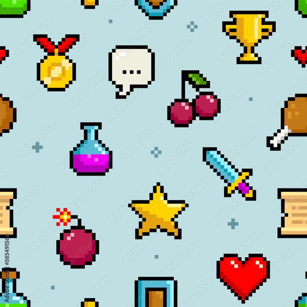 Poster geek retro game vector seamless pattern. pixel icons in vintage 8 bit video game style. 80s -90s. pi