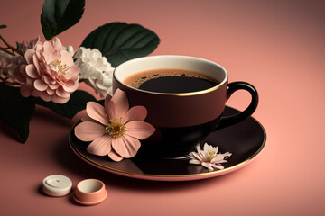 Obraz na płótnie Canvas A cup of coffee on a pink background with flowers. coffee mug with flowers and pink background. Created with generative technology.