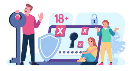 Parental control software. Limited Internet access. Restricted content filter. Parent with lock and key. Media safety. PC limitation application. Monitoring service. Vector concept