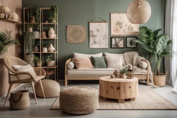 Bohemian home design with gray couch, rattan armchair, wooden cube, plaid, cushion, tropical plants, tiny table, and stylish accessories. Interior design. Template. Generative AI