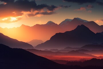 Naklejka na ściany i meble Majestic landscape with mountains in the distance where the sunset is setting behind the mountain. Generative AI