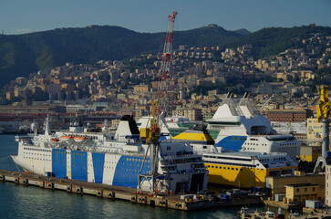 Large modern Passenger pax cargo roro ro-ro ferry cruiseship cruise ship liner with port