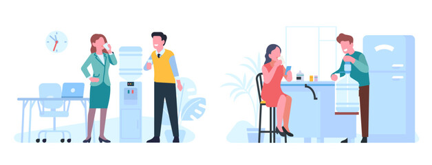 People drink water in office and home. Employees standing near cooler. Couple with beverage cups in kitchen. Plastic bottle. Aqua dispenser. Man and woman quenching thirst vector set