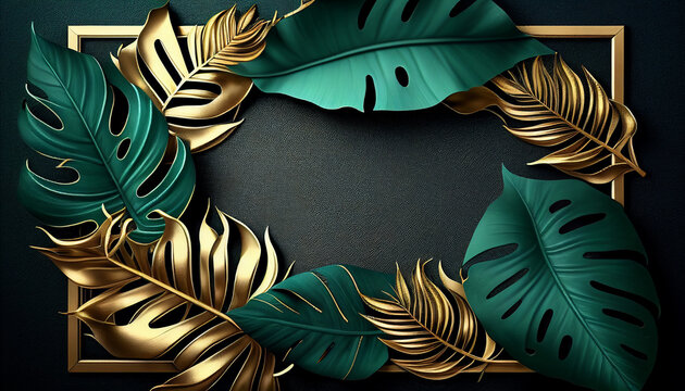 green photo frame with golden and green leaves background