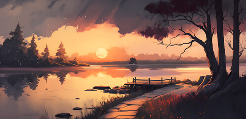 beautiful landscape, calm and quiet evening, lake evening sunset, watercolor