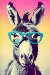 50s Vibes hipster donkey portrait, retro halftone style illustration, Generative AI