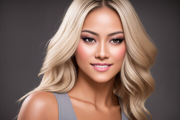 Fototapeta premium Beautiful woman studio portrait, girl looks directly into the camera , Generative AI