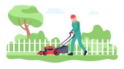 Smiling woman mowing grass with motor lawnmower in garden. Girl pushing lawn mower. Female worker trimming plants in backyard. Gardener worker in summer park or house yard. Vector concept - obrazy, fototapety, plakaty