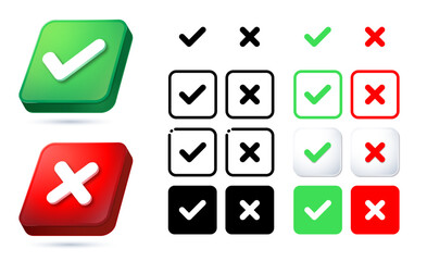 Squeare shape 3d checkmark icon button correct and incorrect sign. Set check mark box frame with green tick and red cross symbols - yes or no 3d icons buttons