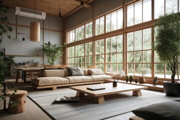 Fototapeta premium Wooden Japanese living room, blurred backdrop. Fabric couch, beams ceiling, window, and decors. Farmhouse decor,. Generative AI