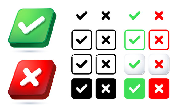 Squeare shape 3d checkmark icon button correct and incorrect sign. Set check mark box frame with green tick and red cross symbols - yes or no 3d icons buttons