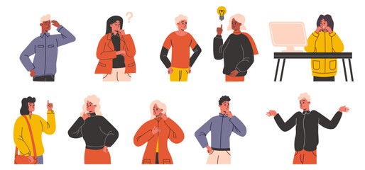 Thoughtful characters. Cartoon concerned people. Complex problems solution. Idea search. Doubting men or women. Uncertainty and confusion. Finding decision. Vector thinking persons set