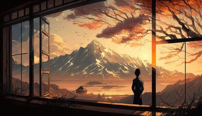 Naklejka na ściany i meble japan sunset landscape