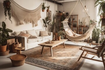 Hammock, sofa, posters, plants, and table chairs in bohemian apartment. Real picture. Generative AI