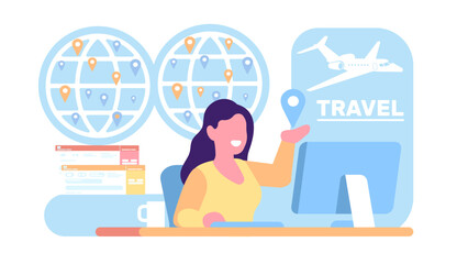 Travel agency manager helps to choose tour to rest. Tourism management. Agent selling and booking airplane tickets. Location pins on globe. International journey trip. Vector concept