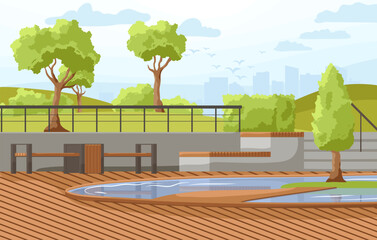 City park summer or spring time scenery landscape. Cityscape background, empty public place for walking and recreation with green trees, wooden benches. Urban garden with pathway. Vector illustration