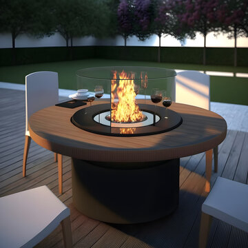 Round Outdoor Table Made Of Wood, With A Whole In The Center Top, With A Bioethanol Fire Place, Surrended By 10cm Glass