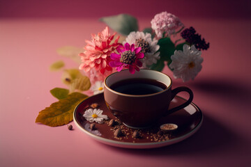 Obraz na płótnie Canvas Aesthetic Coffee Cup with Pink Flowers. Floral Arrangement with Cup of Coffee. Coffee and Flowers on a Pink Background. Created with generative technology.