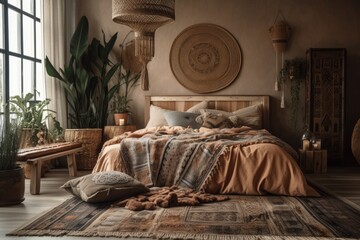 bedroom with bohemian bed decor. Generative AI