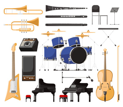 Musical instruments set. Folk classical musical equipment violin, piano electro guitar and blue drum kit. Collection of various musical instruments isolated on white background. Vector illustration