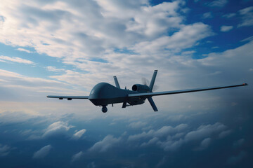 Military reconnaissance drone flies high in the sky. Created with Generative AI technology.