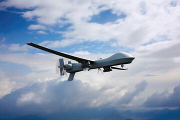 Fototapeta na wymiar Military reconnaissance drone flies high in the sky. Created with Generative AI technology.