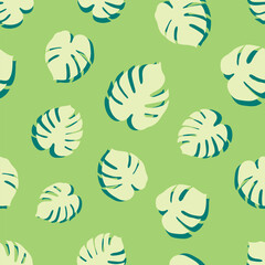 Fototapeta na wymiar Monstera plant tropical seamless pattern vector, exotic forest, juicy shades and floral repeat, green colors only, simple flat illustration of big leaves