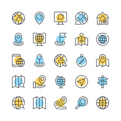 Navigation line icons. Set of location icons. Black, blue and yellow colors. Modern outline graphic design. Vector line icons set
