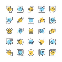 Testimonials line icons. Set of customer feedback icons. Black, blue and yellow colors. Modern outline graphic design. Vector line icons set