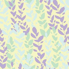 Cute green leaves on the branch, vector seamless pattern design, simple flat graphics, grass print for clothes and home decor, boho style