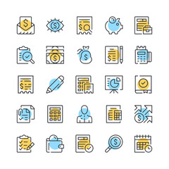 Accounting line icons. Set of bookkeeping icons. Black, blue and yellow colors. Modern outline graphic design. Vector line icons set