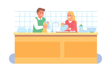 Young couple washing dishes in kitchen after dinner. Man wiping tableware by towel. Woman cleaning plates with cleanser. People doing housework together. Vector housekeeping concept