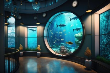 Public aquarium museum with fish and coral reef illustration