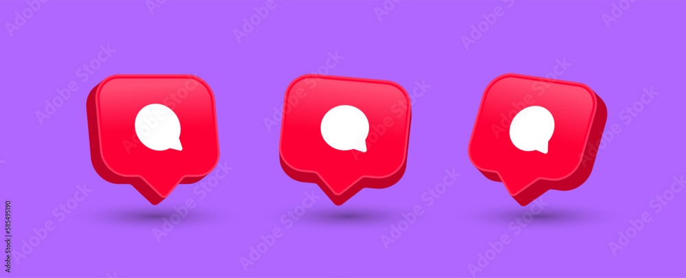 Leinwandbilder 3d comment in speech bubble icon. social media notification icons in speech bubble ; chat message icon signs - comments chat bubbles social network post reactions collection set. vector illustration