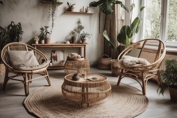 New living room furnishings. Modern bohemian apartment decor. Bamboo chair, plants, straw hats on white wall. Generative AI